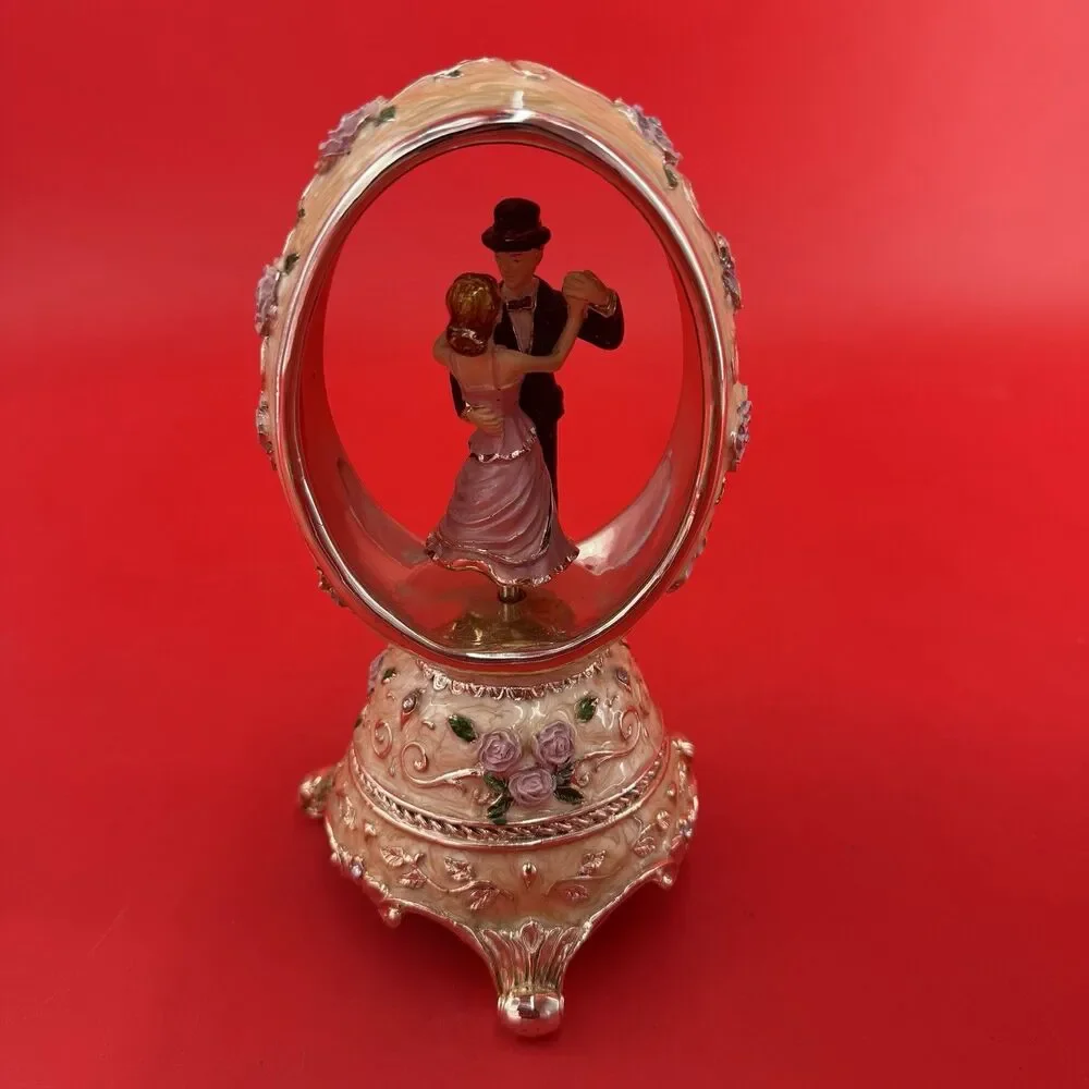 VTG Bride and Groom Wedding Cake Topper Music Box Egg Shape Cloisonné Figurine